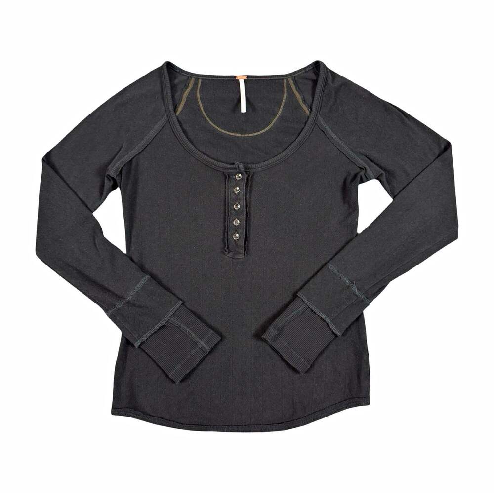 Free People Women’s Black Long Sleeve Henley Knit Button Top Size L